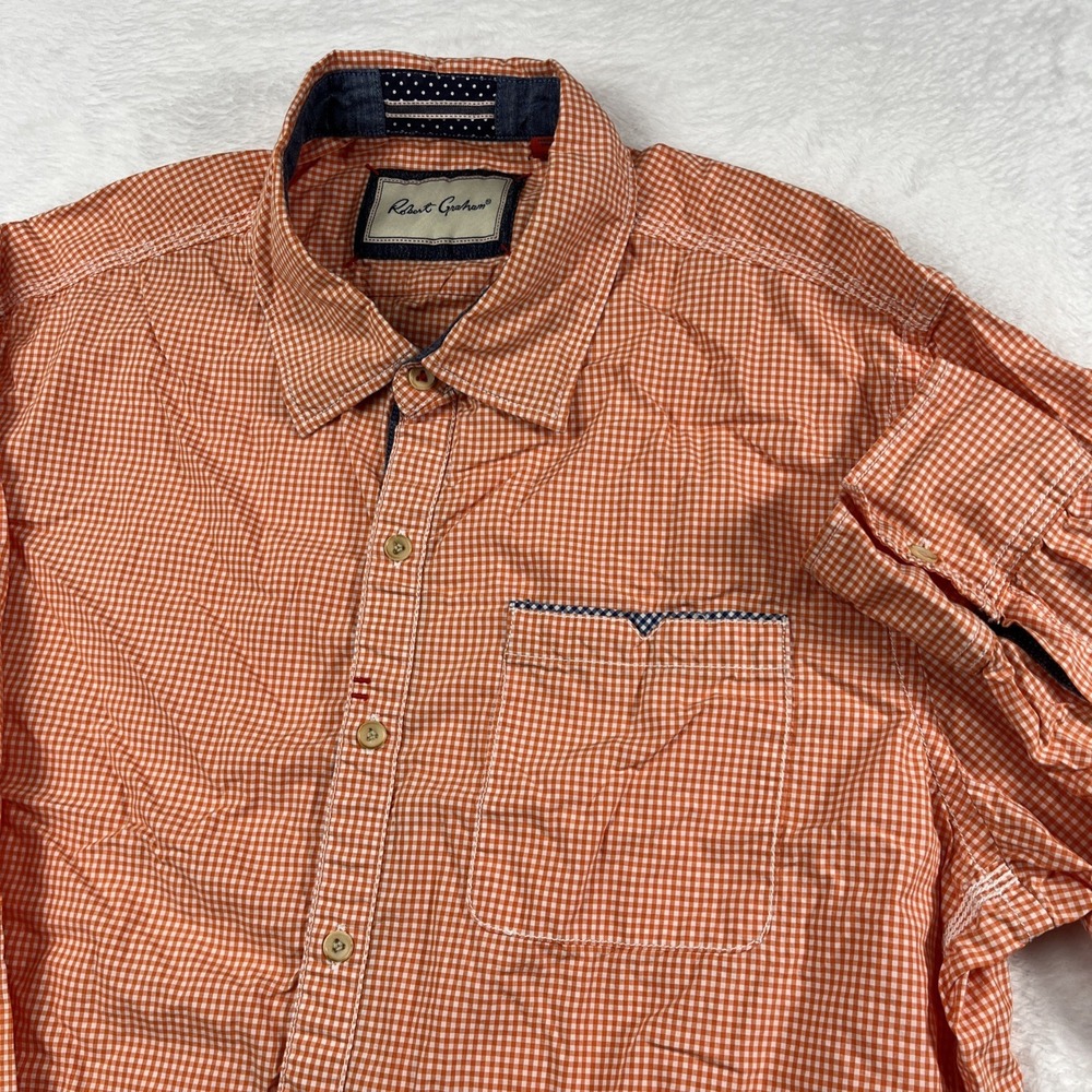 Robert Graham Shirt Mens XL Orange Gingham Tailored Fit Button Up Lightweight